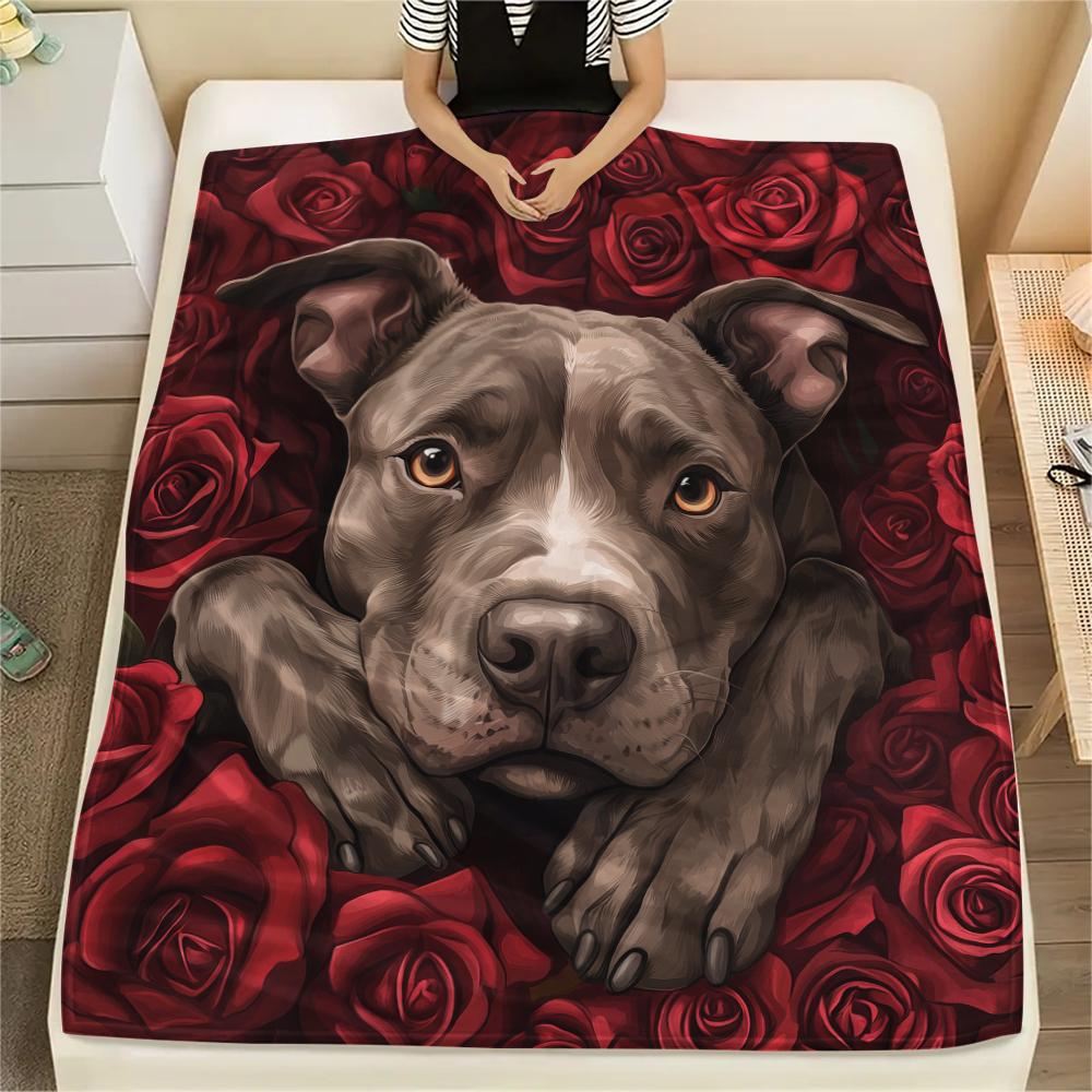 Pitbull and roses,pattern Flannel Blanket, High quality Comfortable for All Seasons, Home Decor, Warmth and Comfort, Perfect for Gifts.