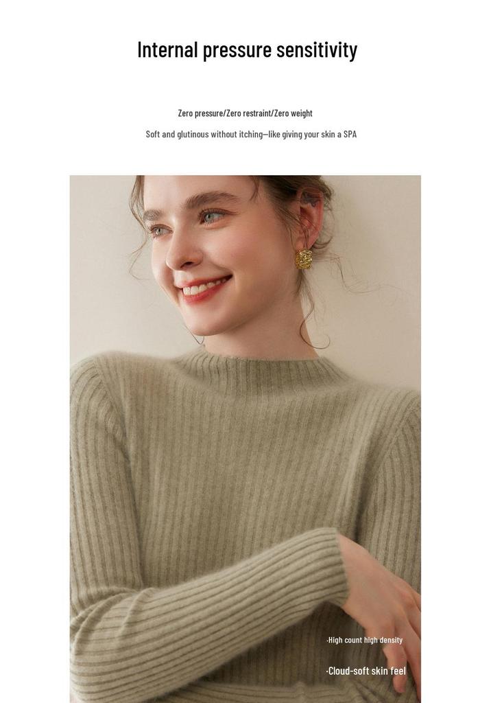 2025 Autumn/Winter Women's Slim-Fit Half-High Neck Solid Cashmere Ribbed Sweater