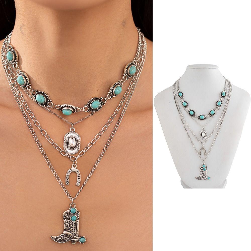 Bohemian Vintage Pendant Necklace Vintage Multi Layer Necklace Turquoise Chain Choker Jewelry Gift
