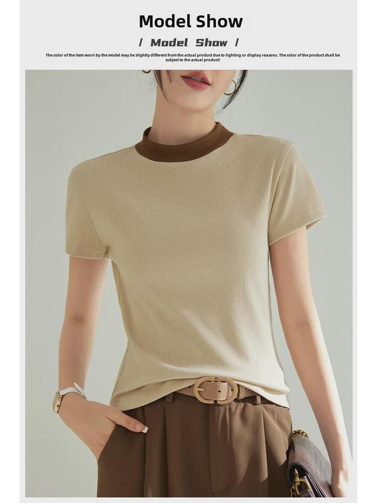 Chic French Style Slim Fit Short-Sleeve T-Shirt for Women - High Elastic, Cool Touch, Round Neck, Spring/Summer 2025