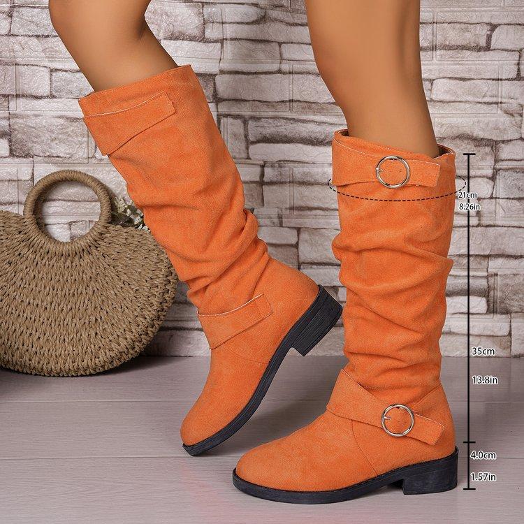 Large Size Women's Shoes Pleated Women's Belt Buckle Boots But Knee Thick Heel Slim Boots Snow Boots Women