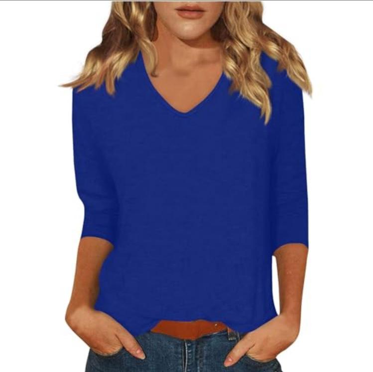 Women's Daily Versatile Casual V-Neck Solid Color Seven-Sleeve T-Shirt Top