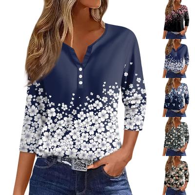 Жен. Футболка С принтом Пуговицы Рукав 3/4 Повседневные Выходные Мода Классический Классический V-образный вырез Обычный Верх