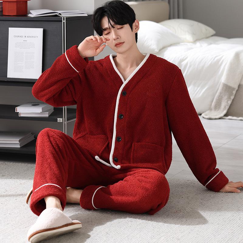 Красная пижама мужская осенне-зимняя с полукраем, флисовая, новогодняя, для дома, осенне-зимняя, утепленная флисом, из кораллового флиса, костюм