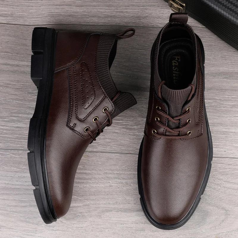 New Winter Boots Men Genuine Leather Shoes Warm Winter Mens Ankle Boots Brand Male Footwear British Style Motorcycle Ankle Boots