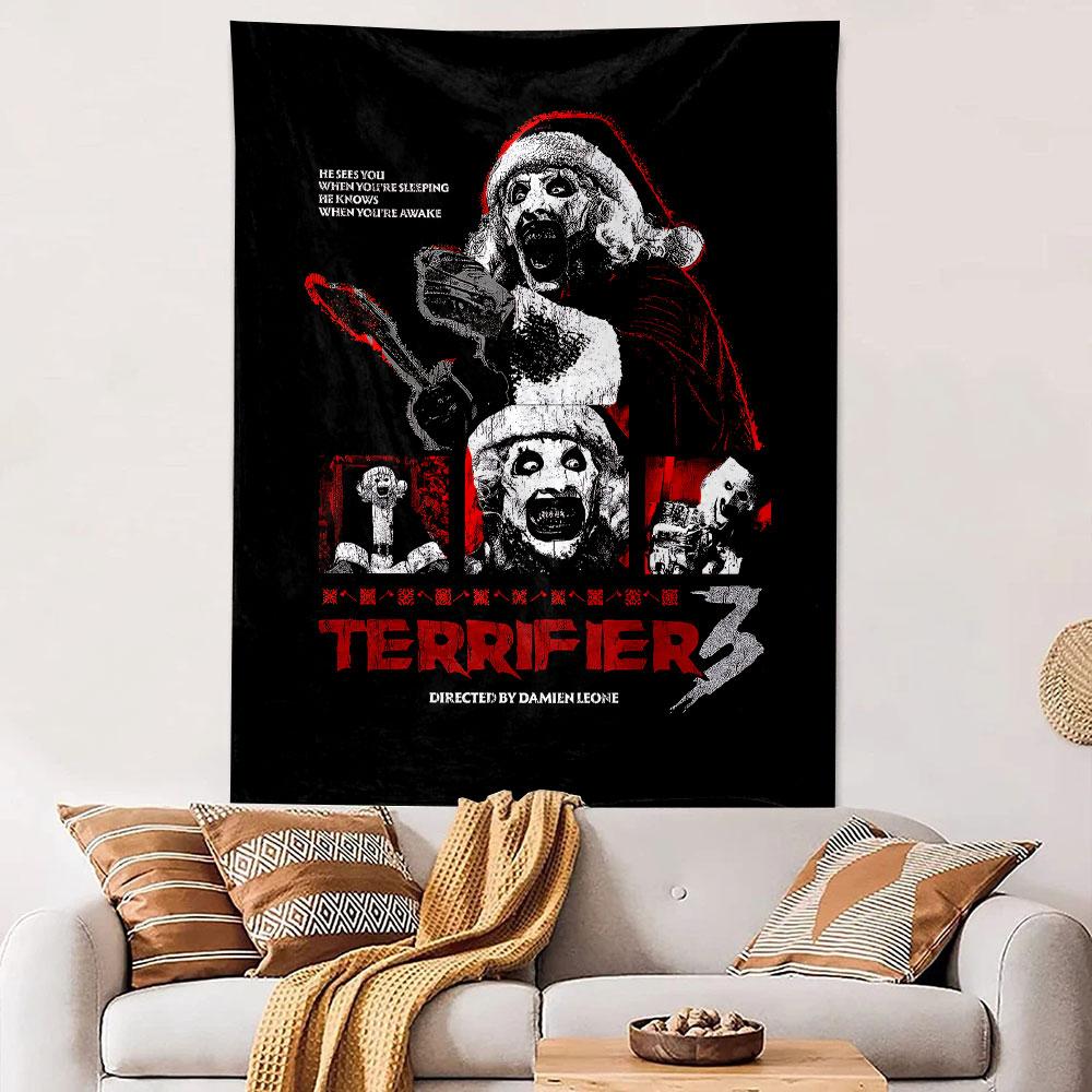 Sinister clown imagery in black, white, and red with Santa elements. Patterned tapestry for bedroom and living room home decor