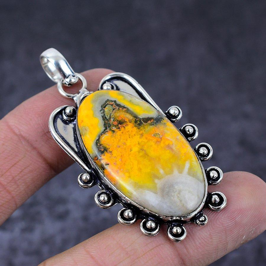 Bumblebee Jasper Gemstone Handmade 925 Sterling Silver Pendant 2.32" T1F18