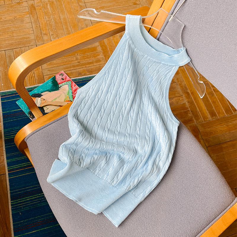 Женский мягкий топ-майка без рукавов из тутового шелка с халтером - Приталенный крой, французская кабельная вязка