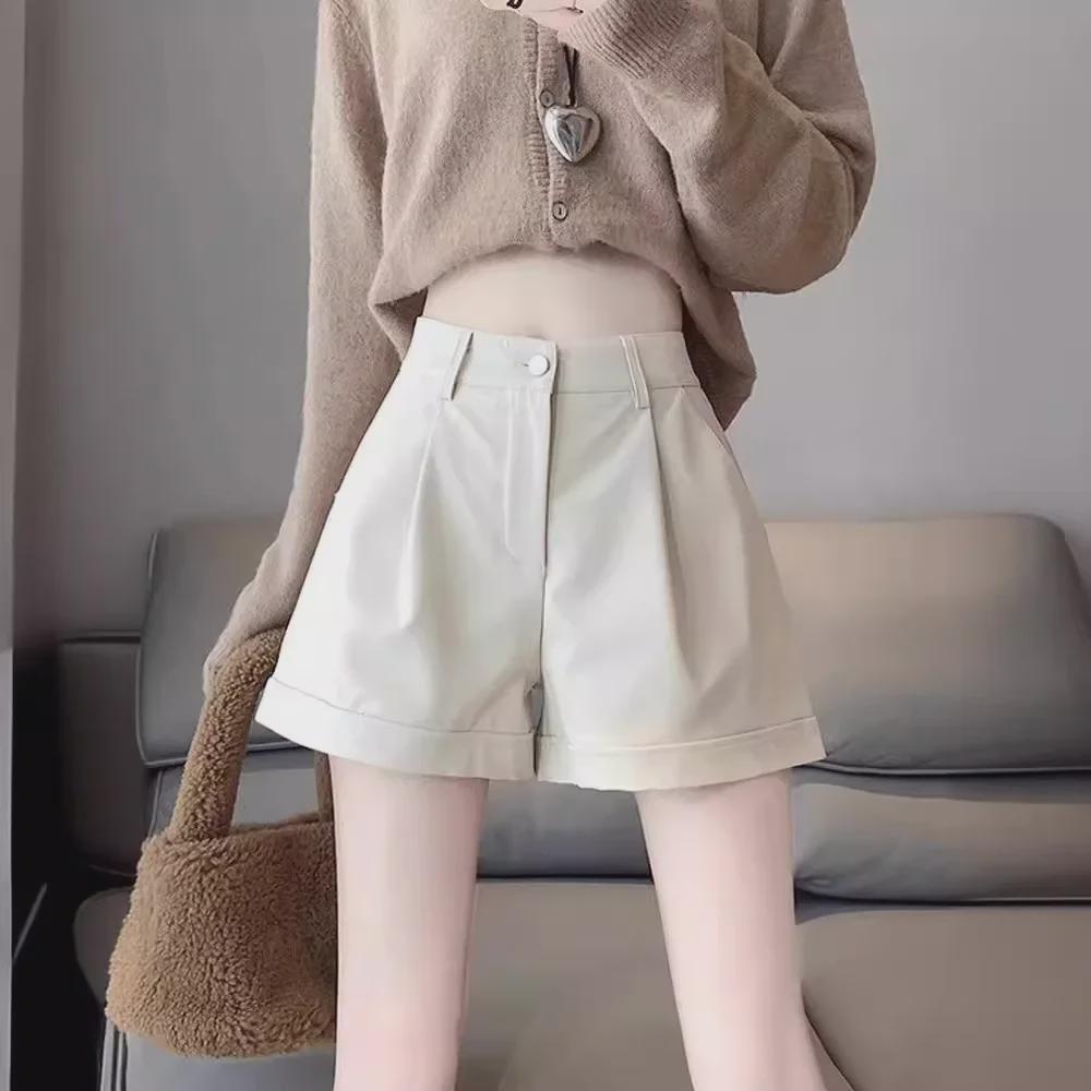 Женские шорты из искусственной кожи с высокой талией — облегающие, свободный крой, широкие штанины, повседневные, на весну, осень, зиму, в американском стиле.