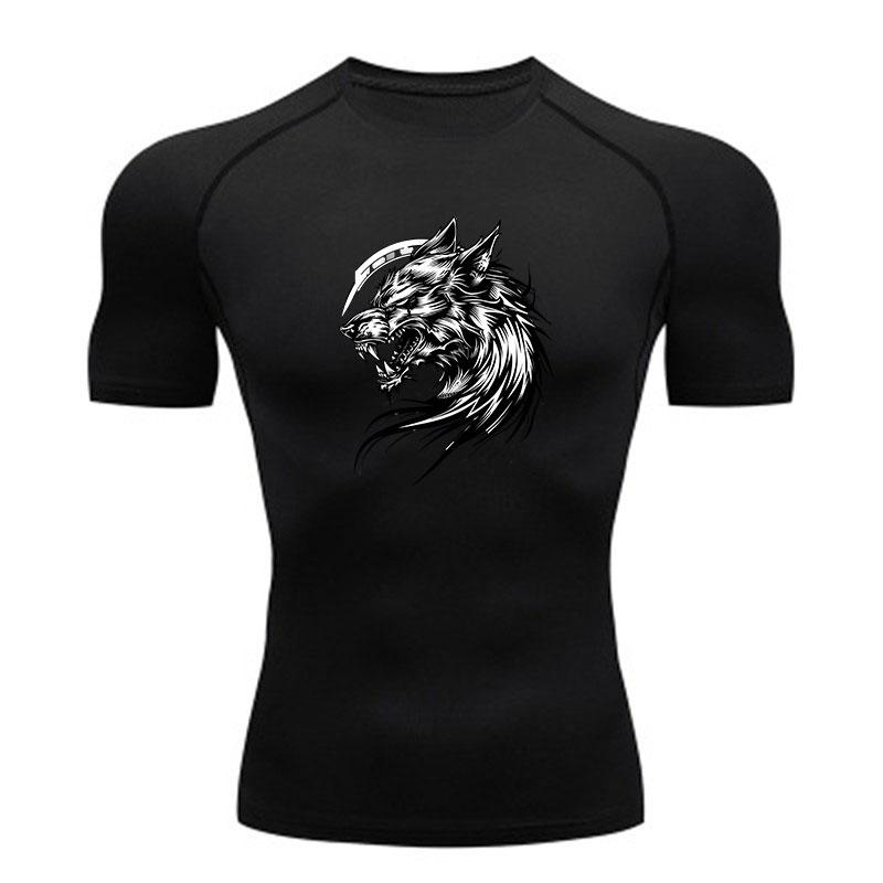 Men's Compression Workout T-Shirt, Ferocious Roaring Wolf Gr