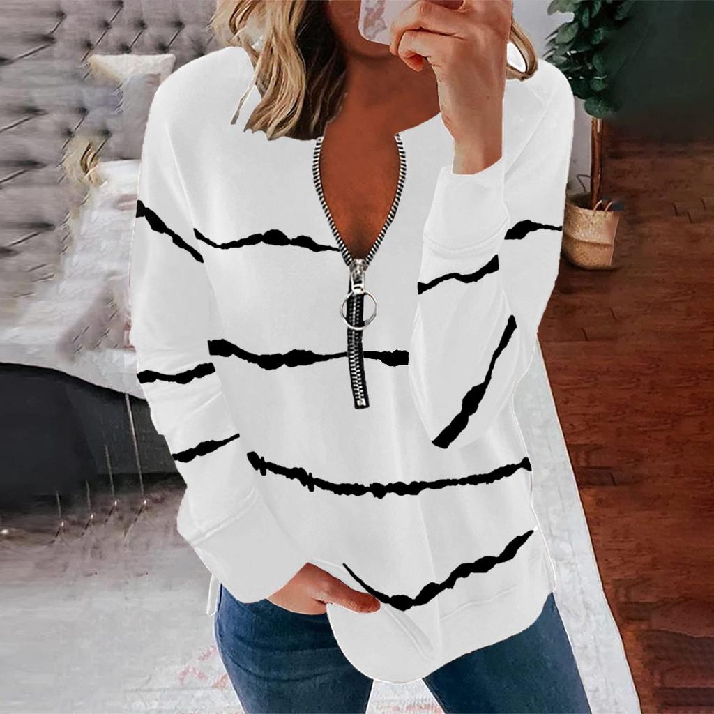 Women Casual Pringting Stripe Zipper Long Sleeve Casual Blouse Tops Shirts