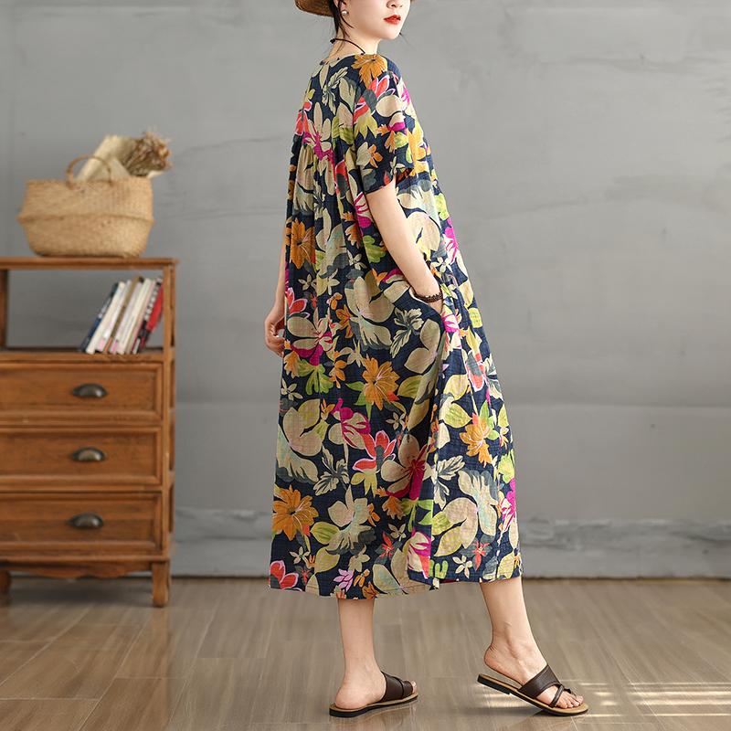 DIMANAF 2025 Women Plus Size Spring Summer Dress Casual Floral Dress Basic Vintage Loose Long Dress Maxi 9296