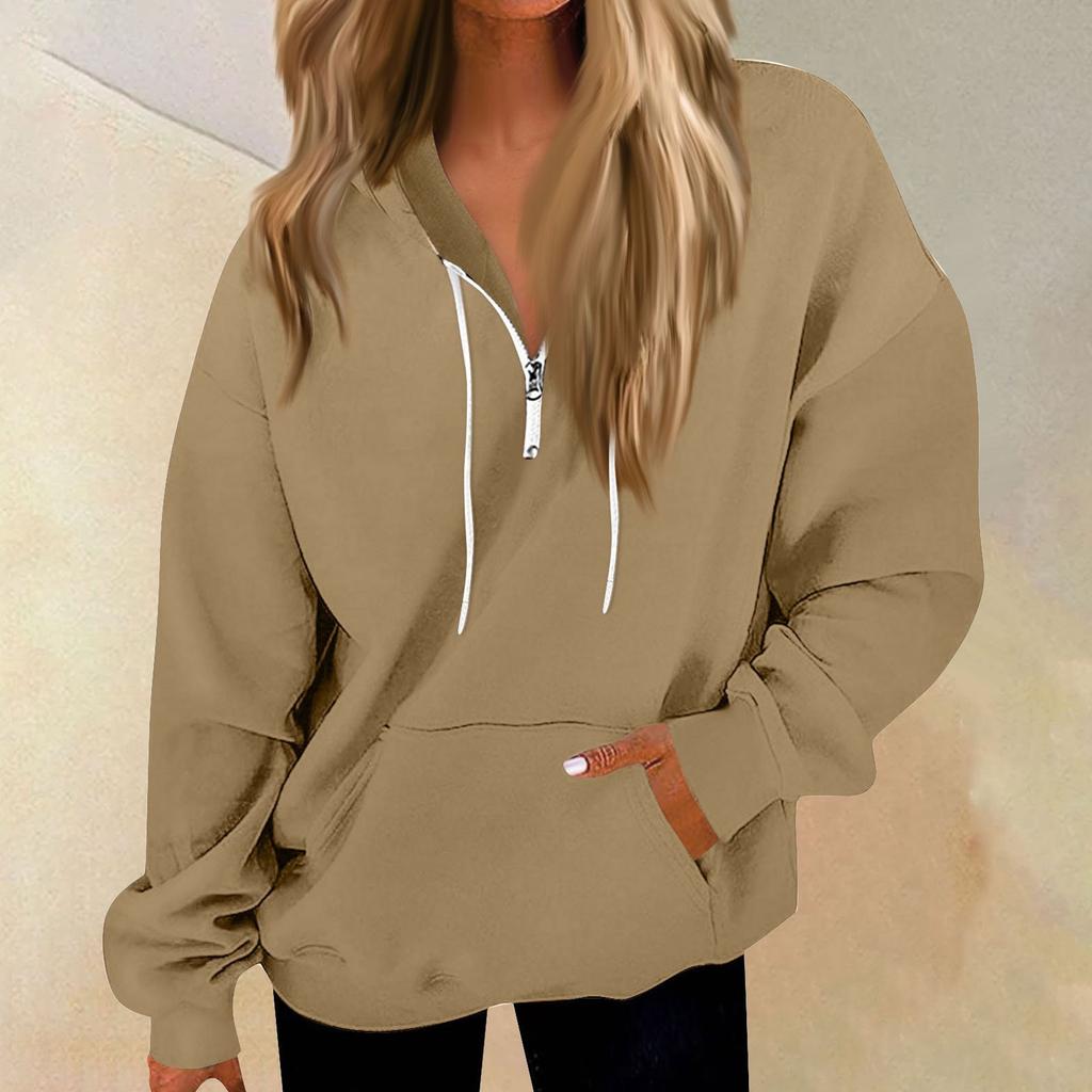 Women's Casual Fashion Long Sleeve Solid Color Zip Pullover Hoodies Sweatshirt Top