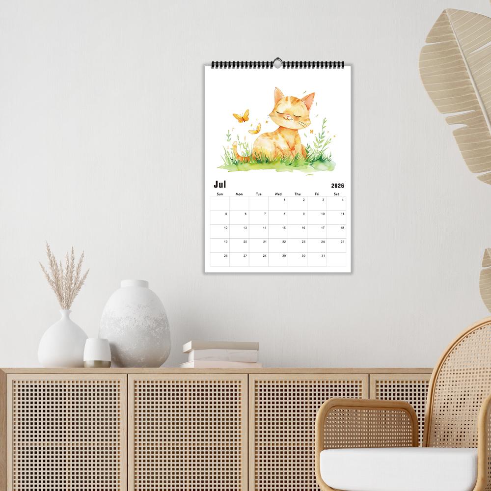 1pc, 2026 Cartoon Cute Cat Theme Calendar, 12 Different Designs, Wall Calendar, Birthday, Christmas, New Year Gift, US Standard