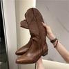 Fashion 2025 Spring New Retro Rivet Western Cowboy Boots Women's Knight Boots British Style Square Head Thick Heel High Boots