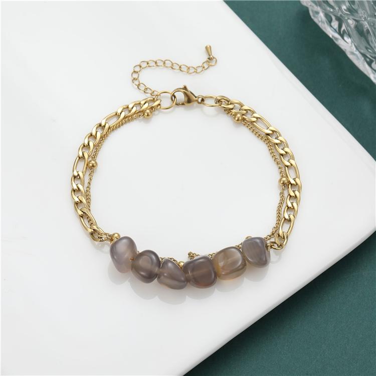 Fashion Jewelry Cuban Chain Double Gold Stainless Steel Healing Natural Gravel Bead Bracelet Women