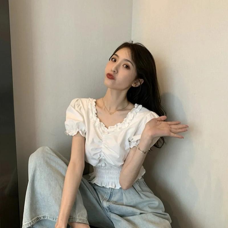 WTEMPO Винтажные однотонные укороченные топы с v-образным вырезом, футболки с милыми складками для девочек, летние черно-белые футболки с короткими рукавами и пышными рукавами, женская уличная одежда