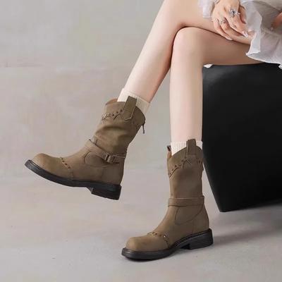 Мода 2024 года, высококачественные женские туфли, женские сапоги с молнией сзади, модные современные сапоги с заклепками, женские зимние сапоги до середины голени с пряжкой на ремне, Zapatos