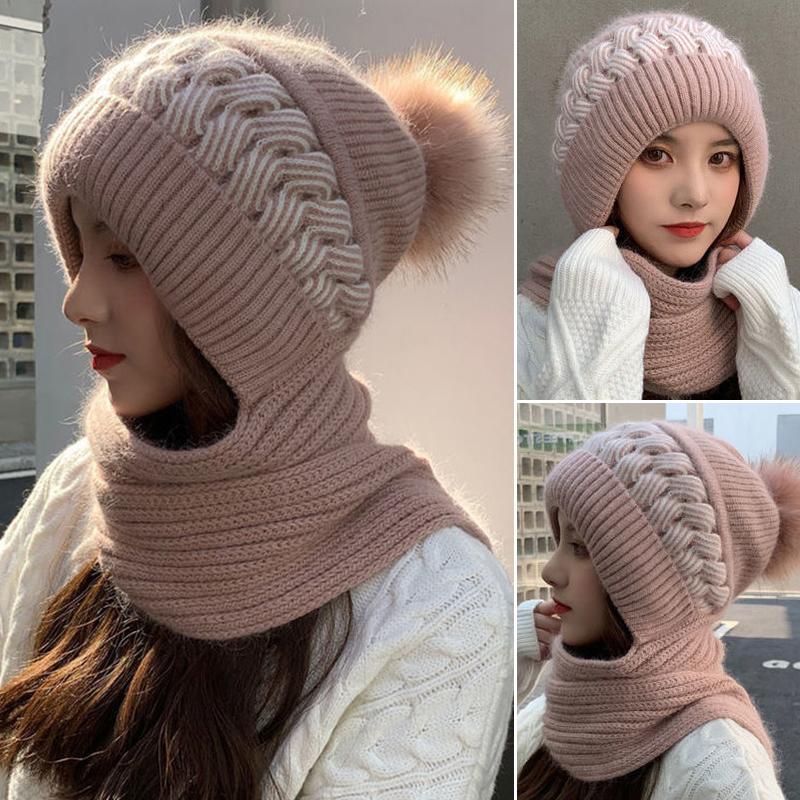 Winter Warm Hat Scarf Set Women Lady Plush Pompom Crochet Wool Knit Pullover Cap Outdoor Thick Windproof Warmer Hat Scarves