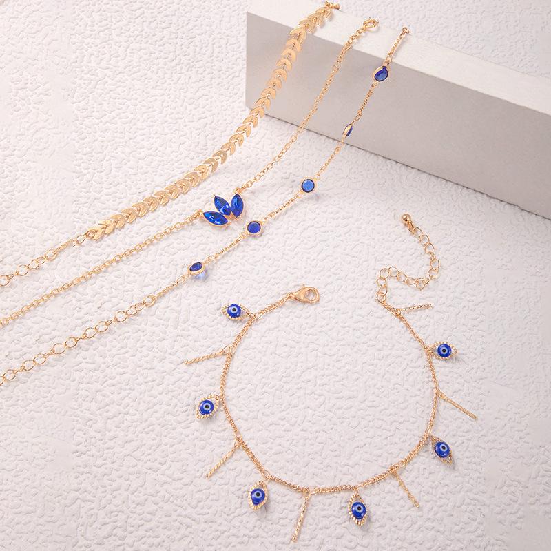 Бижутерия в стиле легкой роскоши, многослойный браслет на щиколотку с инкрустацией синими камнями, многослойное украшение для стопы с бахромой в виде глаз