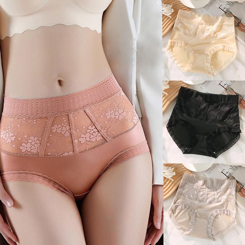 High Waist Satin Retro All-match Hollow Lace Splicing Pure Cotton Silk Antibacterial Crotch Large Size Women's Briefs