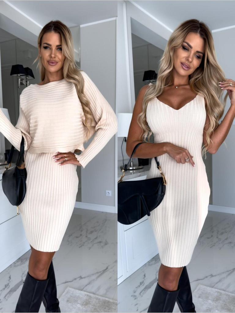 V Neck Solid Color Strap Dress Waist Hugging Elegant Rib Bodycon Dress for Women Sleeveless Loose Dresses Causal Long Sleeve Tops Dress Suits