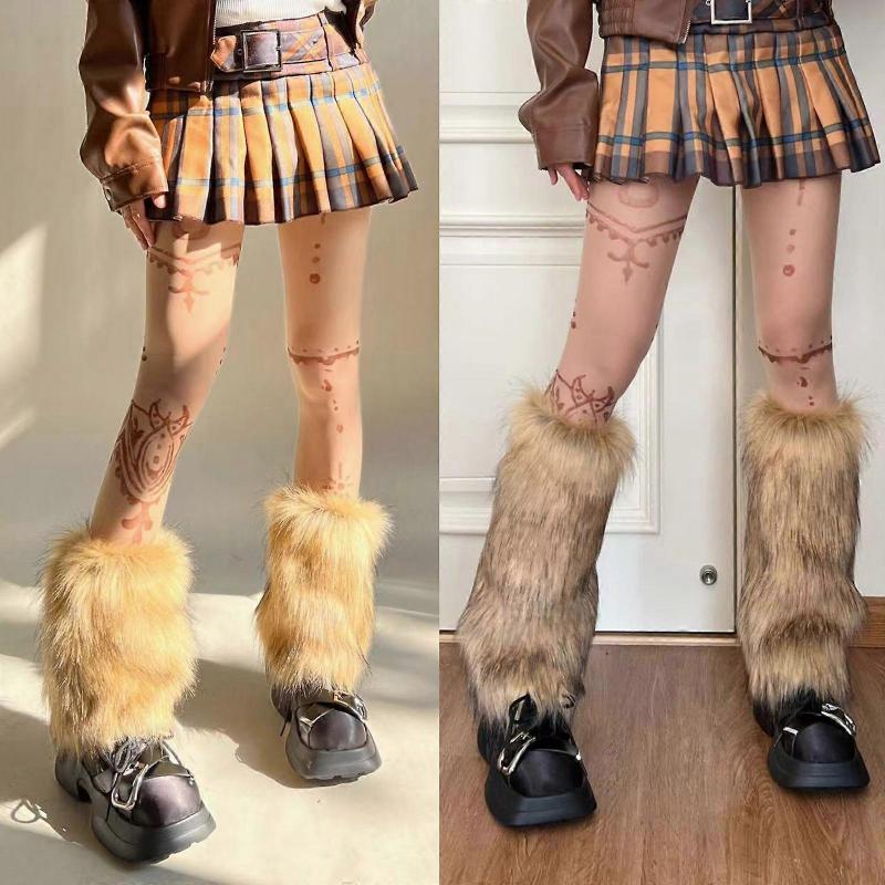 Brown Faux Fur Leg Warmers Boot Covers Goth Solid Leg Socks Punk Jk Knee-length Hiphop Hot-girl Fashion Warm Socks Women  40