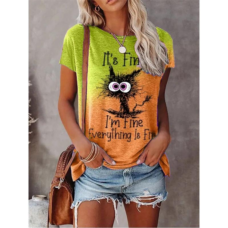 Women's 3D Animal Letter Print Casual Loose Round Neck T Shirts