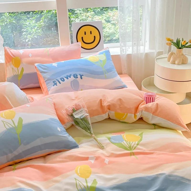Комплект постельного белья из 3 предметов с цветными цветами в мультяшном стиле из 100% хлопка, мягкий и приятный на ощупь, с 2 наволочками