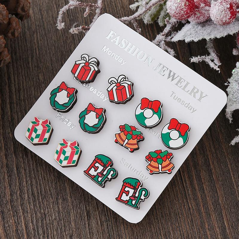 Горячая Распродажа Новая Рождественская Серия Деревянные Серьги Рождественская Елка Колокольчики Снеговик Серьги-Пуссеты Набор