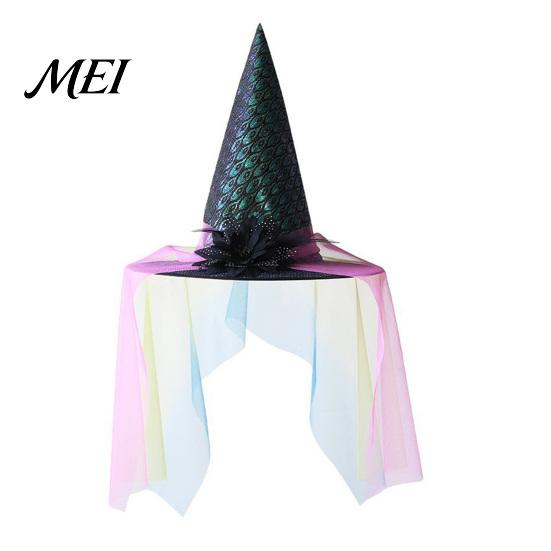 Fashionable Theme Event Hat Halloween Star Witch Hat, Mesh Veil Rose Feather Cone Black Costume Headwear for Women, Gothic Party Headwear, Adult