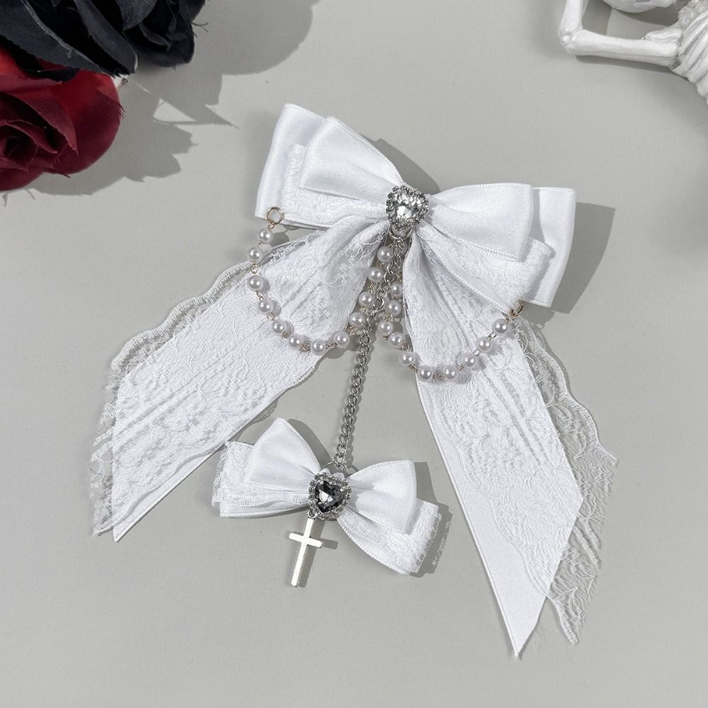 Chain Detail Lace Bow Hair Clips Rhinestone Decoration Side Barrettes Hair Clip Punk Style