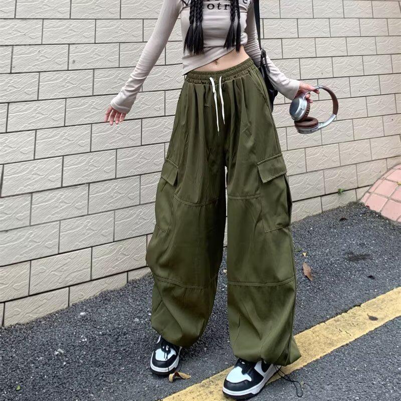 Retro High-Waisted Wide Leg Cargo Pants for Women - Street Dance Hip Hop Trousers, Straight Leg, Floor-Length