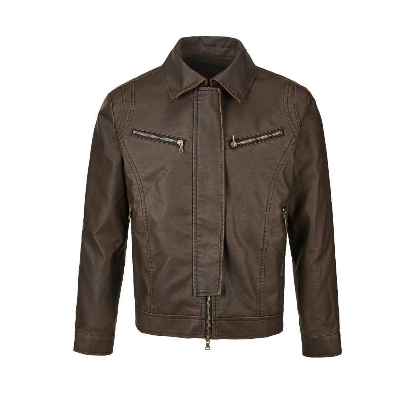 Mens Vintage Washed PU Leather Biker Jacket Loose Fit Streetwear Collar Coat