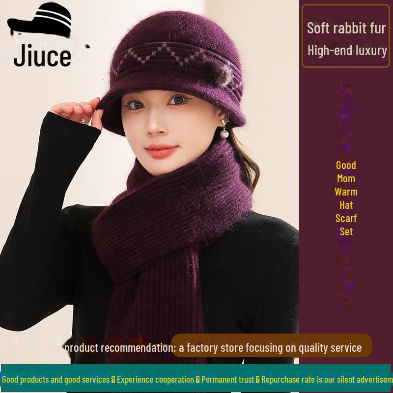 Winter Luxury Rabbit Fur Knit Hat & Scarf Set - Thick, Warm, Ear-Protecting for Middle-Aged & Elderly