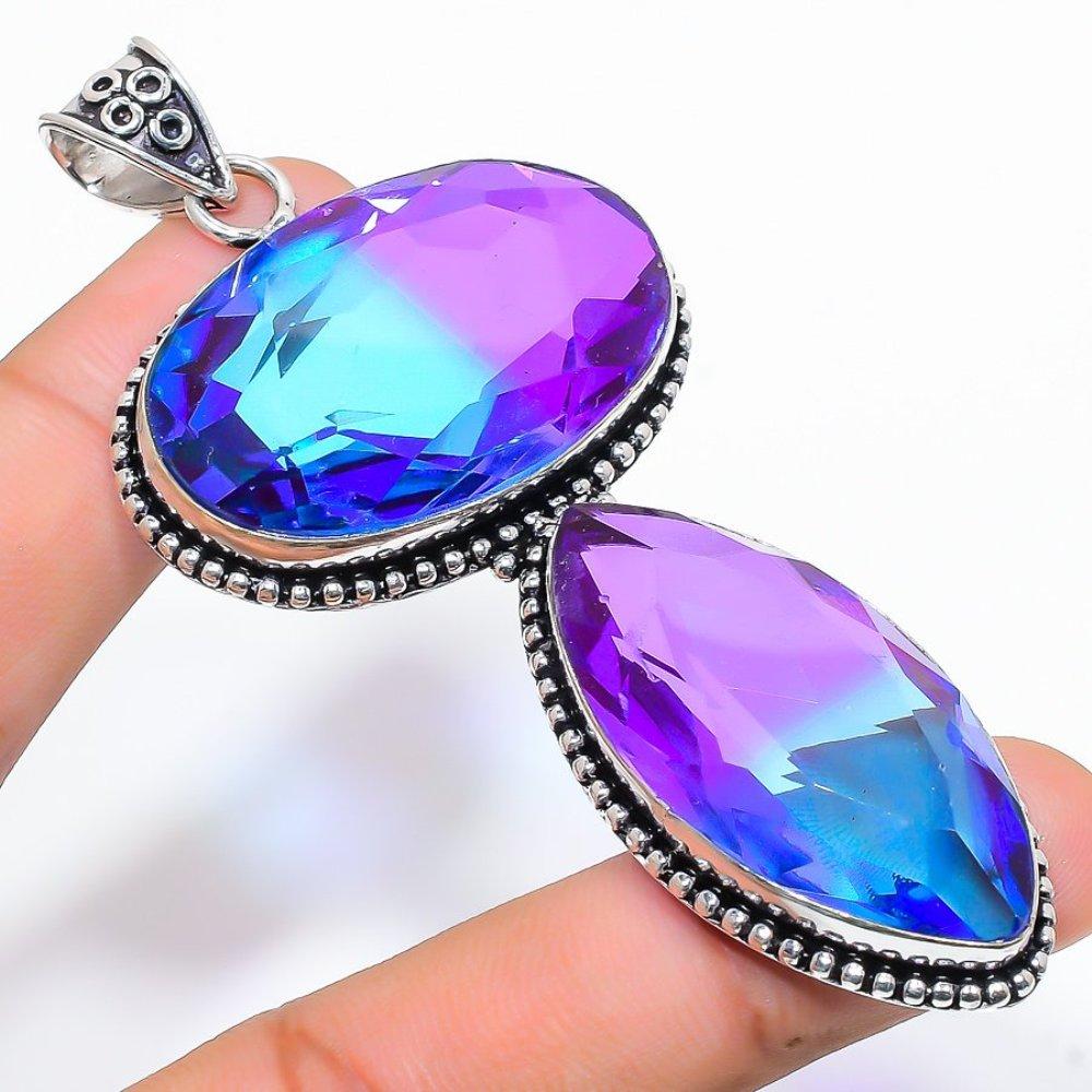 Natural Bi-Color Tourmaline Handmade 925 Sterling Silver Pendant 3.55" C5A43