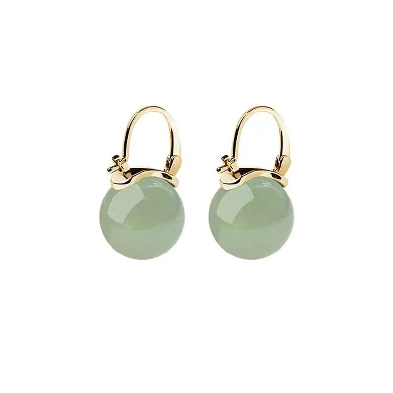 Elegant Imitation Jade Hoop Earrings for Women Green Round Beads Ear Buckle Banquet Jewelry KTB