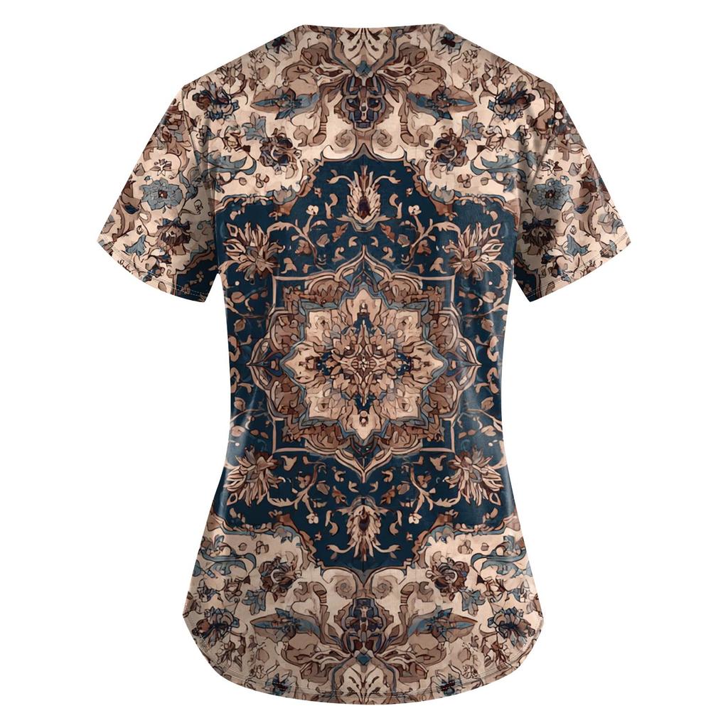 Plus Size Printed Scrub Working Uniform Tops For Women's V-Neck Print Short Sleeve Fun T-Shirts Workwear Tee With Pockets