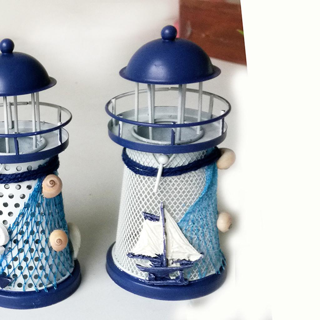 Mediterranean Lighthouse Iron Candle Candlestick Blue White Home Table Decor