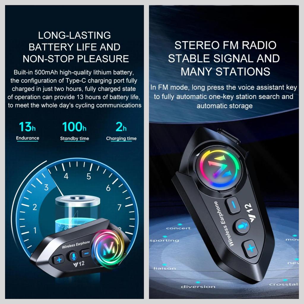 Y12 500M Two Rider Wireless Bluetooth 5.4 Motorcycle Helmet Headphone IPX6 Waterproof 800mAh Noise Canceling RGB Color FM Radio Headset