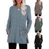 Women Tunic Tops Round Neck Long Sleeve Knit Tops with Side Pockets Solid Color Casual Striped Blouse
