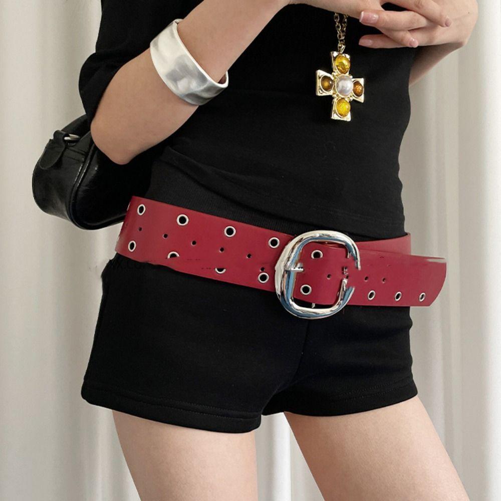 Кожаный пояс на талию с двухрядными отверстиями, металлическая пряжка, ремень в панк-стиле, женский широкий ремень, аксессуары для брюк