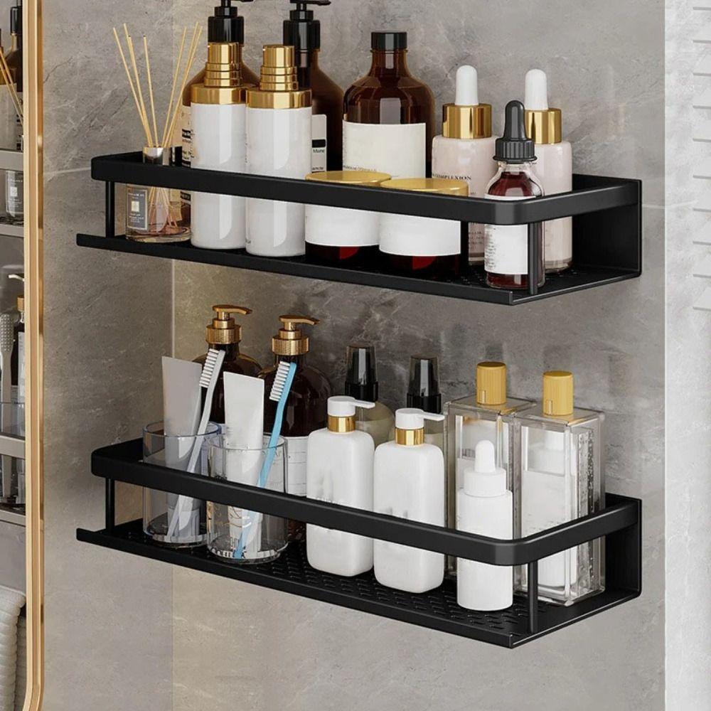 Black Bathroom Shelves Space Aluminum Shampoo Storage Rack Modern Toilet Rack for Kitchen