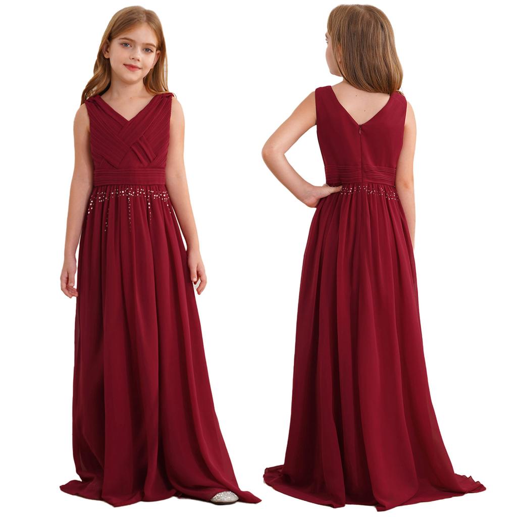 Girls Formal Party Gown V Neck Sleeveless Ruched Interwoven Chiffon Long Dress for Wedding Flower Girl Cocktail