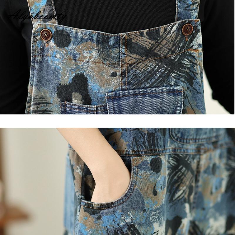 Plus Size Korean Style Stylish Streetwear Overall Straps Print Denim Wide Leg Jeans Basic Ladies' Casual Loose Vintage Romper