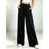 Womens Relaxed Straight Leg Pants Drawstring Elastic Waist Solid Color Casual Trousers