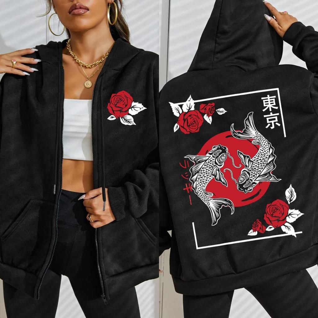 Токио Карп Кои Роза Харадзюку Узор Женская Толстовка Уличные Оверсайз Худи Молния Флисовая Толстовка Мягкая Женская Одежда