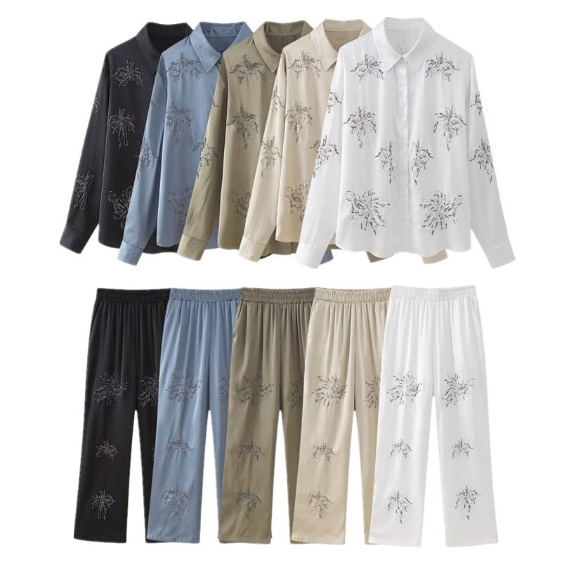 Western Style 2024 Spring New Women Loose Beaded Embroidery Shirts High Waist Trousers 4786059 807