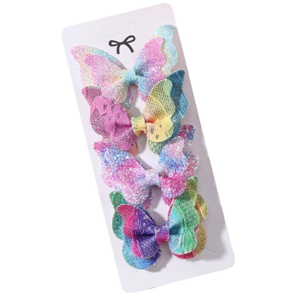 4Pcs Colorful Glitter Ribbons Glitter Hair Clip Double Butterfly Design Sequins Hair Clip For Girls
