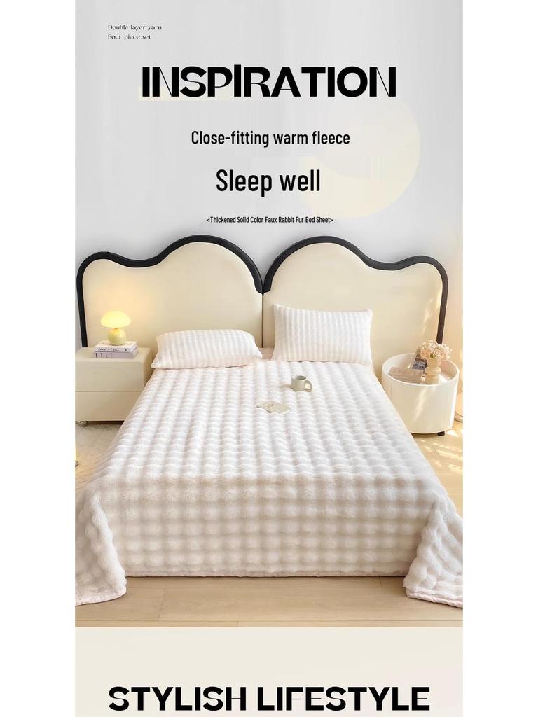 Winter Faux Rabbit Fur Flannel Bedsheet - Thick Plush Milk Velvet Coral Fleece for Dormitory Single Bed